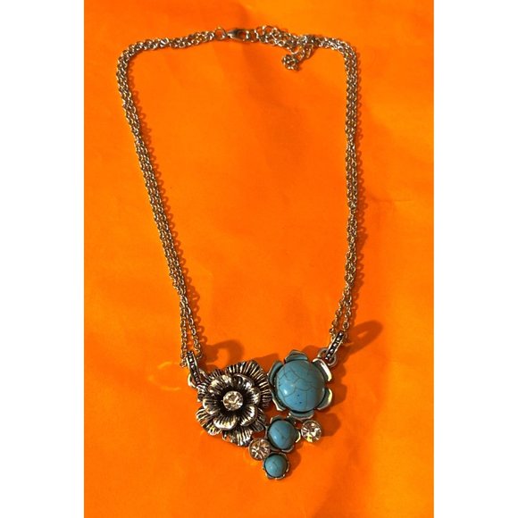 Silver Tone Western Rose Faux Turquoise Adjustable Statement Necklace Jewelry - Picture 2 of 11